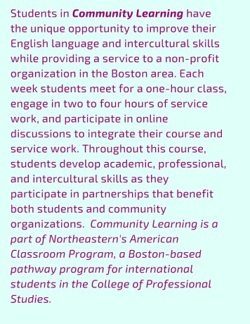 Offers an introduction to community learning, social justice, and cross-cultural collaboration in Boston. The main objective is to help students prepare for, gain from, and reflect upon